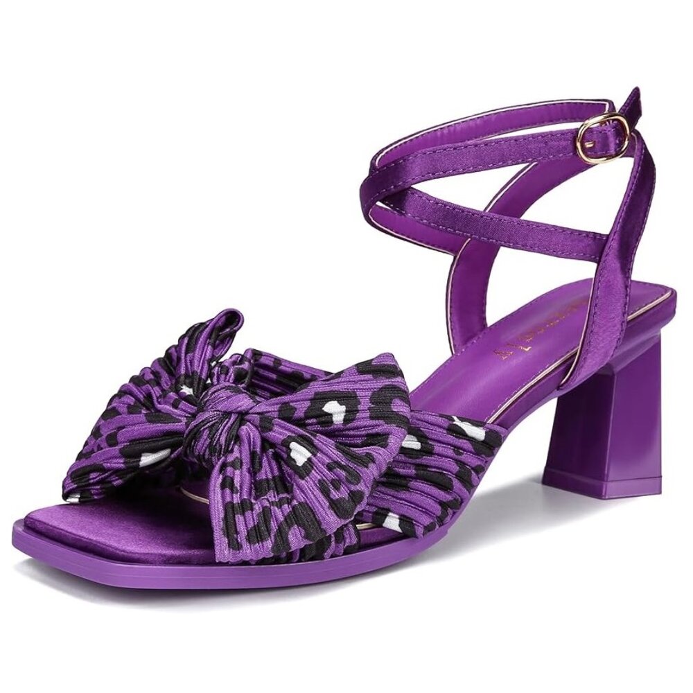 Purple Leopard Print Square Toe Satin Chunky Block Heel Sandals NEW! 6.5